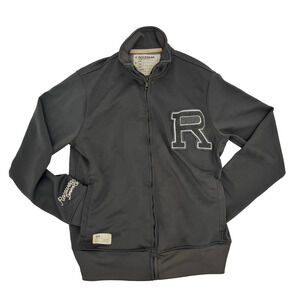 Rocawear Denim Co. Mens L Full Zip Jacket Gray R Varsity Patch Ribbed Streetwear